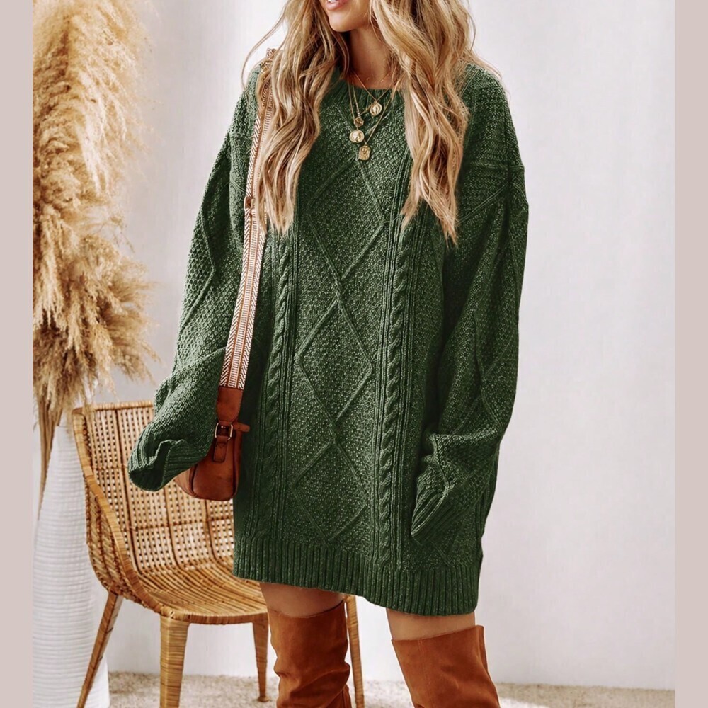 Olive Green Cable Knit Oversized Crew Neck Sweater Dress